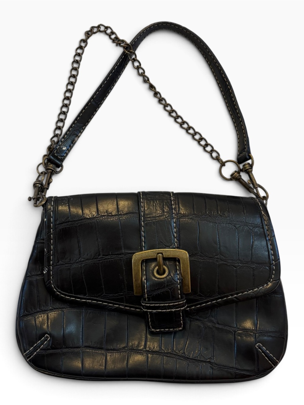 Nine West Black Croc-Embossed Leather Shoulder Bag with Brass Chain